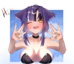 Rule 34 | 1girl, animal ear fluff, animal ears, artist name, awful queen (vtuber), blush, breasts, choker, fox ears, fox girl, heart, heart in eye, highres, indie virtual youtuber, large breasts, lierig, looking at viewer, monster girl, open mouth, purple hair, short hair, solo, symbol in eye