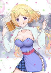 Rule 34 | 1girl, :q, absurdres, aki rosenthal, beer mug, blonde hair, blue eyes, breasts, checkered clothes, checkered dress, collarbone, confetti, cowboy shot, cross-laced clothes, cross-laced dress, cup, detached hair, dress, highres, holding, holding cup, hololive, large breasts, long hair, mug, nyu-tan94, pink sash, pointing, pointy ears, purple dress, sash, short hair, shrug (clothing), tongue, tongue out, twintails, virtual youtuber