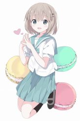 Rule 34 | 1girl, :d, black socks, blue bow, blue sailor collar, blue skirt, blush, bow, brown hair, commentary request, food, green eyes, grey footwear, hair between eyes, hair ornament, hairclip, hands up, heart, highres, kneehighs, looking at viewer, macaron, open mouth, pleated skirt, puffy short sleeves, puffy sleeves, sailor collar, school uniform, serafuku, shirt, shoes, short sleeves, simple background, skirt, smile, socks, solo, steepled fingers, tantan men (dragon), white background, white shirt, yama no susume, yukimura aoi