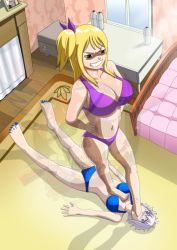Rule 34 | 2girls, artist request, bare shoulders, barefoot, blonde hair, blue eyes, bow, bra, breasts, brown eyes, cleavage, fairy tail, feet, female focus, femdom, foot worship, hair bow, hair ribbon, indoors, large breasts, licking, licking foot, lisanna strauss, long hair, lucy heartfilia, lying, multiple girls, navel, no shoes, panties, ponytail, ribbon, side ponytail, smile, standing, toes, trample, underwear, watermark, white hair, yuri