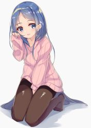 Rule 34 | 1girl, absurdres, alternate costume, black pantyhose, blue eyes, blue hair, blush, collarbone, full body, grey background, highres, kantai collection, long hair, long sleeves, open mouth, pantyhose, pink sweater, ribbed sweater, samidare (kancolle), simple background, smile, solo, sweater, uut, very long hair