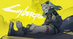 Rule 34 | absurdres, colored sclera, colored skin, cyberpunk (series), cyberpunk edgerunners, domeinq, green hair, highres, jacket, open clothes, open jacket, pink tattoo, rebecca (cyberpunk), red sclera, twintails, white skin
