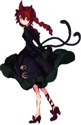 Rule 34 | 1girl, animal ears, bare legs, black dress, black ribbon, braid, breasts, cat ears, cat tail, commentary, commission, dress, english commentary, full body, high heels, juliet sleeves, kaenbyou rin, leg ribbon, long sleeves, looking at viewer, looking back, multiple tails, nekomata, no socks, pixel art, puffy sleeves, red eyes, red hair, ribbon, rrrssr, sleeves past fingers, sleeves past wrists, small breasts, solo, tail, touhou, transparent background, twin braids, two tails