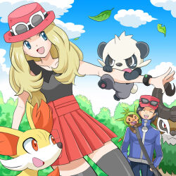 1boy 1girl blonde_hair blue_eyes calem_(pokemon) chespin closed_mouth creatures_(company) fennekin game_freak gen_6_pokemon gogoat hat leaf nintendo orange_eyes pancham pokemon pokemon_(creature) pokemon_xy red_eyes serena_(pokemon) sisibou skirt smile sunglasses tears