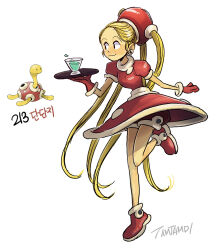 1girl black_eyes blonde_hair closed_mouth commentary creatures_(company) cup earrings full_body game_freak gen_2_pokemon gloves hat holding holding_tray jewelry long_hair nintendo personification pokemon pokemon_(creature) puffy_short_sleeves puffy_sleeves red_footwear red_gloves red_hat red_shirt red_skirt reference_inset shirt short_sleeves shorts shorts_under_skirt shuckle signature simple_background skirt smile standing standing_on_one_leg tamtamdi translated tray very_long_hair white_background