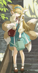 Rule 34 | 1girl, absurdres, animal ear fluff, animal ears, arknights, blonde hair, blue hairband, blue skirt, brown footwear, closed mouth, commentary request, crossover, fox ears, fox girl, fox tail, frilled hairband, frills, green eyes, hair between eyes, hairband, heixiu, high-waist skirt, highres, holding, jacket, kitsune, linnnp, long hair, long sleeves, looking at viewer, multicolored hair, neck ribbon, open clothes, open jacket, puffy long sleeves, puffy sleeves, red ribbon, ribbon, shirt, shoes, skirt, smile, socks, stairs, standing, stone stairs, suzuran (arknights), suzuran (spring praise) (arknights), tail, luo xiaohei zhanji, two-tone hair, very long hair, watering can, white hair, white jacket, white shirt, white socks