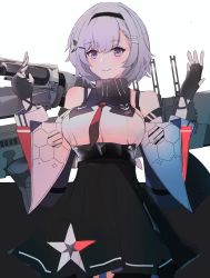 Rule 34 | 1girl, absurdres, arms up, azur lane, bare shoulders, black background, black gloves, black pantyhose, black ribbon, blush, breasts, commentary request, dress, fingerless gloves, gloves, grey hair, hair between eyes, hair ornament, hairband, hairclip, highres, hinaname, large breasts, looking at viewer, machinery, necktie, pantyhose, purple eyes, red necktie, reno (azur lane), ribbon, short hair, simple background, skirt, sleeveless, smile, solo, two-tone background, underboob, white background