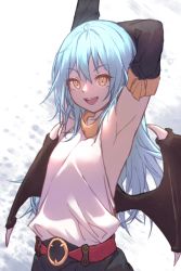 Rule 34 | 1other, androgynous, armpits, belt, blue hair, breasts, detached sleeves, hair between eyes, highres, long hair, long sleeves, looking at viewer, open mouth, rimuru tempest, simple background, smile, solo, tensei shitara slime datta ken, very long hair, wings, yellow eyes, yilocity