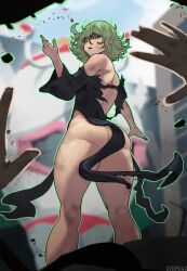 Rule 34 | 1girl, absurdres, ass, black dress, breasts, curly hair, dress, green eyes, green hair, highres, long sleeves, looking at viewer, one-punch man, open mouth, short hair, small breasts, solo, stopu, tagme, tatsumaki, telekinesis, thighs, torn clothes, torn dress