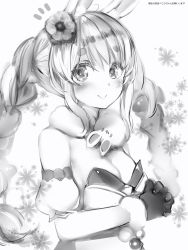 Rule 34 | 1girl, animal ear fluff, bad id, bad pixiv id, blush, braid, breasts, cleavage, closed mouth, detached sleeves, female focus, gloves, greyscale, highres, hololive, interlocked fingers, long hair, looking at viewer, medium breasts, monochrome, nanashi (nlo), notice lines, own hands together, pelt, puffy short sleeves, puffy sleeves, short sleeves, smile, solo, standing, twin braids, twintails, upper body, usada pekora, usada pekora (1st costume), virtual youtuber, white background