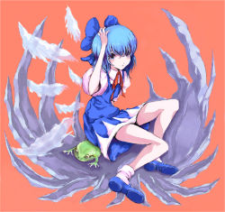 Rule 34 | 1girl, blue hair, cirno, dress, embodiment of scarlet devil, feathers, female focus, frog, full body, ice, kab, ribbon, short hair, simple background, solo, touhou, wings