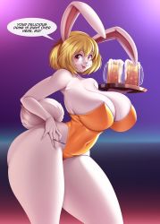 Rule 34 | 1girl, blonde hair, breasts, carrot (one piece), cleavage, curvy, furry, gradient background, highleg, highleg leotard, highres, huge breasts, leotard, looking at viewer, mleonheart, one piece, orange leotard, playboy bunny, rabbit ears, rabbit girl, rabbit tail, shiny clothes, smile, solo, thong leotard, wide hips