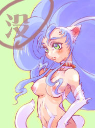 Rule 34 | 1girl, animal ears, animal hands, big hair, blue hair, breasts, capcom, cat ears, cat tail, collar, felicia (vampire), green eyes, long hair, nipples, see-through, solo, tail, translation request, vampire (game)