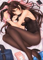 Rule 34 | 1girl, animal ears, animal print, bag, bare arms, bare shoulders, bed sheet, black footwear, black hair, black leotard, black pantyhose, blue bag, blush, book, breasts, brown hair, cellphone, cleavage, closed eyes, commentary request, covered navel, curled up, fake animal ears, from above, hair ornament, hairclip, high heels, highres, leotard, long hair, lying, medium breasts, minato ojitan, on bed, on side, open mouth, original, pantyhose, phone, pillow, playboy bunny, rabbit ears, rabbit print, rabbit tail, school bag, shoes, sideboob, sidelocks, sleeping, smartphone, solo, tail, wrist cuffs