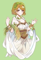 Rule 34 | 1girl, bad id, bad pixiv id, breasts, brown eyes, brown hair, cleavage, closed mouth, collarbone, corrupted metadata, cosplay request, cropped legs, dress, green background, koizumi hanayo, lanlanlu (809930257), looking at viewer, love live!, love live! school idol project, midriff, short hair, simple background, sleeveless, sleeveless dress, smile, solo, strapless, strapless dress, swept bangs, white dress