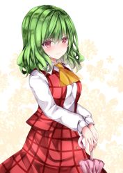 Rule 34 | 1girl, ascot, blush, breasts, closed mouth, commentary request, cowboy shot, floral background, green hair, highres, holding, holding umbrella, kazami yuuka, looking at viewer, medium breasts, medium hair, nanase nao, open clothes, open vest, plaid, plaid skirt, plaid vest, red eyes, red skirt, red vest, shirt, simple background, skirt, skirt set, smile, solo, standing, touhou, umbrella, v-shaped eyebrows, vest, white background, white shirt, yellow ascot