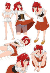 Rule 34 | 1girl, apron, back, bare shoulders, barefoot, bloomers, blouse, blush, breasts, character sheet, cleavage, flower, fumitan (humitan), grin, hands on own hips, highres, looking at viewer, nipple slip, nipples, open mouth, original, red eyes, red hair, shirt, sitting, skirt, sleeping, smile, spread legs, twintails, underwear, white shirt