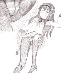 Rule 34 | 1girl, absurdres, akemi homura, arm up, blush, bow, close-up, female focus, from above, greyscale, hair ornament, half-closed eyes, headband, high heels, highres, leggings, long hair, long sleeves, looking down, lying, mahou shoujo madoka magica, monochrome, multiple views, nakanun, on back, pleated skirt, ribbon, shirt, simple background, skirt, sweat, upskirt, white background, zoom layer