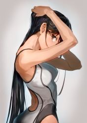 Rule 34 | 1girl, adjusting hair, ass, black hair, bob (biyonbiyon), breasts, brown eyes, competition swimsuit, from side, gradient background, highres, long hair, looking at viewer, medium breasts, one-piece swimsuit, original, sidelocks, solo, swimsuit, very long hair