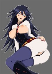 Rule 34 | 1girl, :q, anus, ass, belt, between breasts, black hair, black leotard, black thighhighs, blue eyes, bodysuit, boku no hero academia, breastless clothes, breasts, brown belt, cowboy shot, cuffs, dominatrix, domino mask, garter straps, grey background, hair between eyes, hand on own hip, highleg, highleg leotard, highres, large breasts, leotard, licking lips, long hair, looking at viewer, mask, midnight (boku no hero academia), nail polish, naughty face, nipples, pussy, simple background, smile, solo, spiked hair, superhero costume, thighhighs, tongue, tongue out, torn bodysuit, torn clothes, uncensored, very long hair, white bodysuit, ydraw4fun