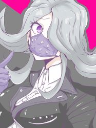 Rule 34 | 1girl, breasts, buttons, danganronpa (series), danganronpa 3 (anime), eyebrows, flipped hair, gloves, highres, kimura seiko, mask, mouth mask, one eye covered, purple eyes, purple gloves, shirt, side bangs, silver hair, solo, surgical mask, white shirt