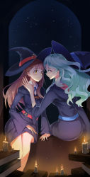 Rule 34 | blue eyes, brown hair, candle, couple, diana cavendish, eye contact, happy, hat, highres, kagari atsuko, little witch academia, long hair, looking at another, luna nova school uniform, school uniform, sky, smile, star (sky), starry sky, sushi (7082124), uniform, wavy hair, witch hat, yellow eyes, yuri