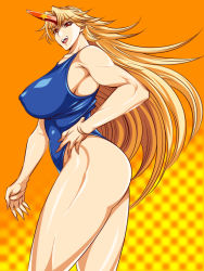 Rule 34 | 1girl, blonde hair, breasts, ginnyo, horns, hoshiguma yuugi, large breasts, legs, long hair, muscular, single horn, solo, swimsuit, thick thighs, thighs, touhou