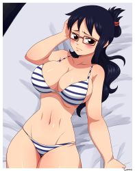 Rule 34 | 1girl, absurdres, bare arms, bed, bikini, blue hair, blush, breasts, brown eyes, cleavage, embarrassed, glasses, hair up, highres, large breasts, long hair, looking at viewer, lying, navel, on bed, one piece, red-framed eyewear, shiny skin, simmsy, solo, swimsuit, tashigi, thighs