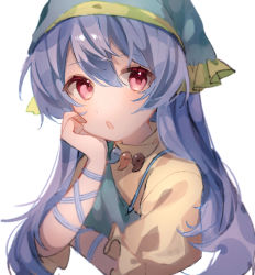 Rule 34 | 1girl, blue hair, blurry, blurry background, blurry foreground, chicachang, depth of field, hair between eyes, hand on own face, haniyasushin keiki, highres, long hair, looking at viewer, magatama, magatama necklace, motion blur, necklace, simple background, solo, touhou, white background