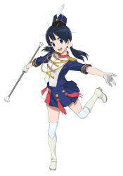 Rule 34 | 10s, 1girl, baton, black hair, blue eyes, boots, conductor, epaulettes, flat chest, gloves, hat, kitashirakawa tamako, knee boots, long hair, low twintails, musashimaru, outstretched hand, over-kneehighs, shako cap, skirt, skirt set, smile, solo, standing, standing on one leg, tamako market, thighhighs, twintails, white gloves, white thighhighs, zettai ryouiki