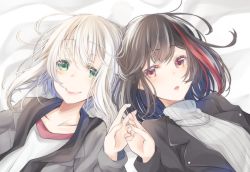 Rule 34 | 2girls, aoba moca, bad id, bad pixiv id, bang dream!, bed sheet, black hair, black jacket, collarbone, commentary request, green eyes, grey hair, grey jacket, grey sweater, holding hands, jacket, long sleeves, looking at viewer, lying, mitake ran, multicolored hair, multiple girls, nekotemari, on back, open mouth, red eyes, red hair, ribbed sweater, short hair, smile, streaked hair, sweater, upper body
