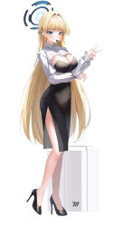 Rule 34 | 1girl, absurdres, arm under breasts, black dress, black footwear, blonde hair, blue archive, blue eyes, blue hair, blush, braid, breasts, briefcase, cleavage, closed mouth, commentary, dated commentary, dress, earpiece, full body, halo, high heels, highres, large breasts, long hair, long sleeves, looking at viewer, multicolored hair, pumps, shrug (clothing), side slit, simple background, sky, smile, solo, standing, streaked hair, toki (blue archive), v, very long hair, white background, winterflower