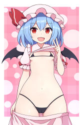Rule 34 | 1girl, bat wings, bikini, black bikini, blue hair, border, bow, cameltoe, checkered background, cleft of venus, clothes lift, clothes pull, collared shirt, cowboy shot, fang, frilled shirt collar, frilled sleeves, frills, hair between eyes, hat, hat ribbon, lifted by self, looking to the side, micro bikini, mob cap, open mouth, outside border, pink background, pink hat, pink shirt, pink skirt, puffy short sleeves, puffy sleeves, red bow, red eyes, red ribbon, remilia scarlet, ribbon, rizento, shirt, shirt lift, short sleeves, skirt, skirt pull, skirt set, smile, solo, swimsuit, touhou, v, white border, wings