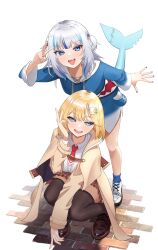 Rule 34 | 2girls, absurdres, animal hood, black thighhighs, blonde hair, blue hair, blue hood, blue nails, blue socks, blush, bob cut, breasts, brown capelet, brown footwear, brown skirt, capelet, collared shirt, fins, fish tail, gawr gura, grey hair, hair ornament, highres, hololive, hololive english, hood, large breasts, loafers, looking at viewer, medium hair, miniskirt, multicolored hair, multiple girls, nail polish, necktie, open mouth, pleated skirt, purewhite draw, red necktie, shark girl, shark hair ornament, shark hood, shark tail, sharp teeth, shirt, shoes, short hair, short necktie, skirt, small breasts, smile, socks, streaked hair, tail, teeth, thighhighs, two side up, upper teeth only, v, virtual youtuber, watson amelia, white footwear, white shirt