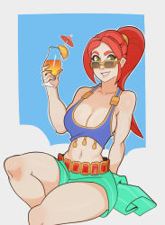 Rule 34 | 1girl, alternate costume, belt, blue nails, braid, breasts, bustier, cassie (paladins), cleavage, cocktail umbrella, drink, green eyes, grin, highres, large breasts, long hair, looking at viewer, midriff, nail polish, navel, paladins, ponytail, red hair, single braid, sitting, smile, solo, splashbrush, sun kiss cassie, sunglasses