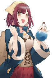 Rule 34 | 1girl, :d, absurdres, atelier (series), atelier sophie, backpack, bag, bottle, brown eyes, brown hair, highres, jewelry, leglet4, medium hair, necklace, open mouth, potion, red skirt, simple background, skirt, smile, solo, sophie neuenmuller, standing, white background, wide sleeves