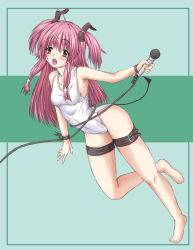 Rule 34 | 10s, 1girl, angel beats!, barefoot, demon tail, fang, long hair, microphone, one-piece swimsuit, pink eyes, pink hair, school swimsuit, solo, swimsuit, tail, thigh strap, twintails, two side up, white school swimsuit, white one-piece swimsuit, yo-jin, yui (angel beats!)