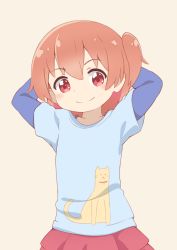 Rule 34 | 1girl, animal print, arms behind head, arms up, blue shirt, blush, casual, cat print, child, closed mouth, commentary request, cowboy shot, hair between eyes, hair ornament, hatafuta, hoshino hinata, long sleeves, looking at viewer, one side up, orange hair, pleated skirt, red eyes, red skirt, shirt, short hair, simple background, skirt, smile, solo, split mouth, standing, watashi ni tenshi ga maiorita!