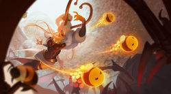 Rule 34 | 1girl, alternate costume, animal, antennae, armor, bee, black skin, blonde hair, blurry, blurry foreground, breastplate, breasts, bug, cleavage, colored skin, fangs, fingernails, floating, fur trim, hair ornament, highres, insect, large breasts, league of legends, long hair, long sleeves, open mouth, ponytail, sharp fingernails, skirt, spider, syndra, teeth, thorsten erdt, white skirt, wings, yellow skin