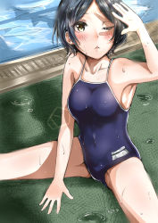 Rule 34 | 10s, 1girl, black hair, blue one-piece swimsuit, breasts, competition school swimsuit, hayami kanade, highres, idolmaster, idolmaster cinderella girls, murabito c, name tag, one-piece swimsuit, one eye closed, parted bangs, poolside, school swimsuit, short hair, sitting, sketch, solo, swimsuit, yellow eyes