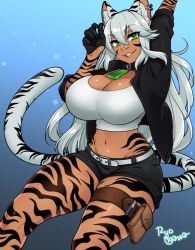 Rule 34 | 1girl, agawa ryou, animal ears, breasts, cleavage, collar, commentary, commission, green eyes, grin, large breasts, long hair, looking at viewer, original, short shorts, shorts, signature, silver hair, smile, solo, tail, tiger ears, tiger tail
