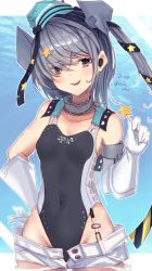 Rule 34 | 1girl, absurdres, aqua hat, black one-piece swimsuit, blush, brown eyes, candy, character name, collarbone, competition swimsuit, cowboy shot, food, garrison cap, gloves, grey hair, hair ornament, hat, headgear, highres, holding, holding candy, holding food, kantai collection, long hair, one-piece swimsuit, open mouth, scamp (kancolle), short shorts, shorts, side ponytail, solo, star (symbol), star hair ornament, swimsuit, toketa-sekai, twitter username, white gloves, white shorts