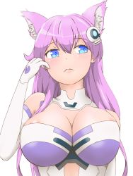 Rule 34 | 1girl, animal ears, areola slip, bad id, bad pixiv id, blue eyes, blush, breasts, cat ears, cleavage, elbow gloves, gloves, hair between eyes, hair ornament, hand in own hair, hand up, highres, image sample, kaikon shokubutsu, large breasts, long hair, looking away, looking to the side, nepgear, neptune (series), pink hair, pixiv sample, purple sister, simple background, solo, upper body, white background, white gloves