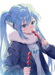 Rule 34 | 1girl, alternate costume, blue eyes, blue hair, blue jacket, blush, commentary request, food, hair between eyes, highres, holding, holding food, jacket, kuza brs, long hair, long sleeves, nymph (sora no otoshimono), open clothes, open jacket, open mouth, scarf, shirt, simple background, solo, sora no otoshimono, twintails, upper body, white background, white scarf, white shirt