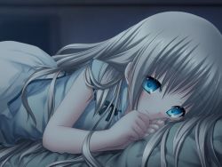 Rule 34 | 1girl, bed, bedroom, blonde hair, bloomers, blue eyes, blue ribbon, blush, bow, clenched hands, dark, dark room, flat chest, game cg, indoors, key (company), kud wafter, light smile, little busters!, long hair, looking at viewer, lying, na-ga, night clothes, noumi kudryavka, official art, on side, pajamas, ribbon, short sleeves, side slit, silver hair, smile, solo, underwear, very long hair