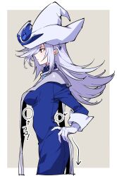 Rule 34 | 1girl, breasts, dress, duel monster, from side, gloves, grey hair, hand on own hip, hat, highres, large breasts, long hair, silent magician, solo, white gloves, witch hat, wizard hat, yoshio 296, yu-gi-oh!