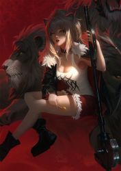Rule 34 | 1girl, animal, animal ears, ankle boots, arknights, bare shoulders, black footwear, black jacket, blonde hair, boots, breasts, candy, choker, cleavage, collarbone, food, fur-trimmed jacket, fur-trimmed shorts, fur trim, hair between eyes, highres, holding, holding food, holding weapon, jacket, large breasts, lion, lion ears, lollipop, long hair, looking at viewer, messy hair, nail polish, off shoulder, ponytail, raikoart, red shorts, shorts, sidelocks, siege (arknights), sitting, studded choker, studs, tail, tank top, thighs, weapon, wide sleeves, yellow eyes, zipper
