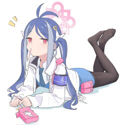 Rule 34 | 1girl, antenna hair, armband, black pantyhose, blue archive, blue armband, blue hair, blue necktie, blue skirt, bow, food in mouth, fubuki (blue archive), hair bow, hair ornament, hairclip, heart-shaped ornament, highres, jacket, long hair, looking at viewer, lying, multicolored hair, necktie, on stomach, pantyhose, pocky, pocky in mouth, red eyes, rong hui, skirt, solo, strawberry pocky, twintails, two-tone hair, white bow, white jacket