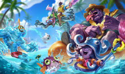 Rule 34 | 2girls, axe, beard, blurry, blurry background, city, cloud, cloudy sky, creature, dr. mundo, draven, facial hair, fish, hat, headband, highres, instrument, league of legends, lifebuoy, looking at viewer, lulu (league of legends), multiple boys, multiple girls, muscular, muscular male, music, ocean, official alternate costume, official art, open mouth, palm tree, pectorals, playing instrument, pool party draven, pool party lulu, pool party mundo, pool party zac, rek&#039;sai, sand, seal (animal), short hair, sixmorevodka, sky, spiked hair, splashing, staff, straw hat, sunglasses, swim ring, teeth, thick arms, thick thighs, thighs, tongue, tongue out, topless male, tree, ukulele, water, weapon, yellow eyes, zac (league of legends)