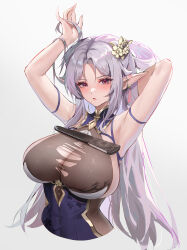 Rule 34 | 1girl, absurdres, armpits, blush, breasts, character request, china dress, chinese clothes, cleavage, cropped torso, dot hero, dress, flower, hair flower, hair ornament, highres, large breasts, long hair, open mouth, pointy ears, purple eyes, simple background, sleeveless, sleeveless dress, solo, tight clothes, tight dress, torn clothes, torn dress, white background, white hair, yuuri vv
